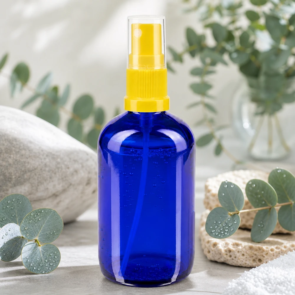Flacon de pharmacie bleu 100ml embout spray jaune Flacon pulvérisateur en verre d'apothicaire bleu cobalt de 100 ml avec pompe vaporisatrice jaune pour huiles essentielles