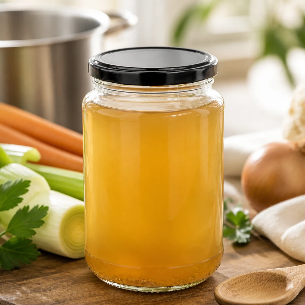 Remplissage à chaud de bouillon dans un bocal UNiTWIST de 320 ml avec couvercle à visser BasicSeal noir – réserve prête à l'emploi