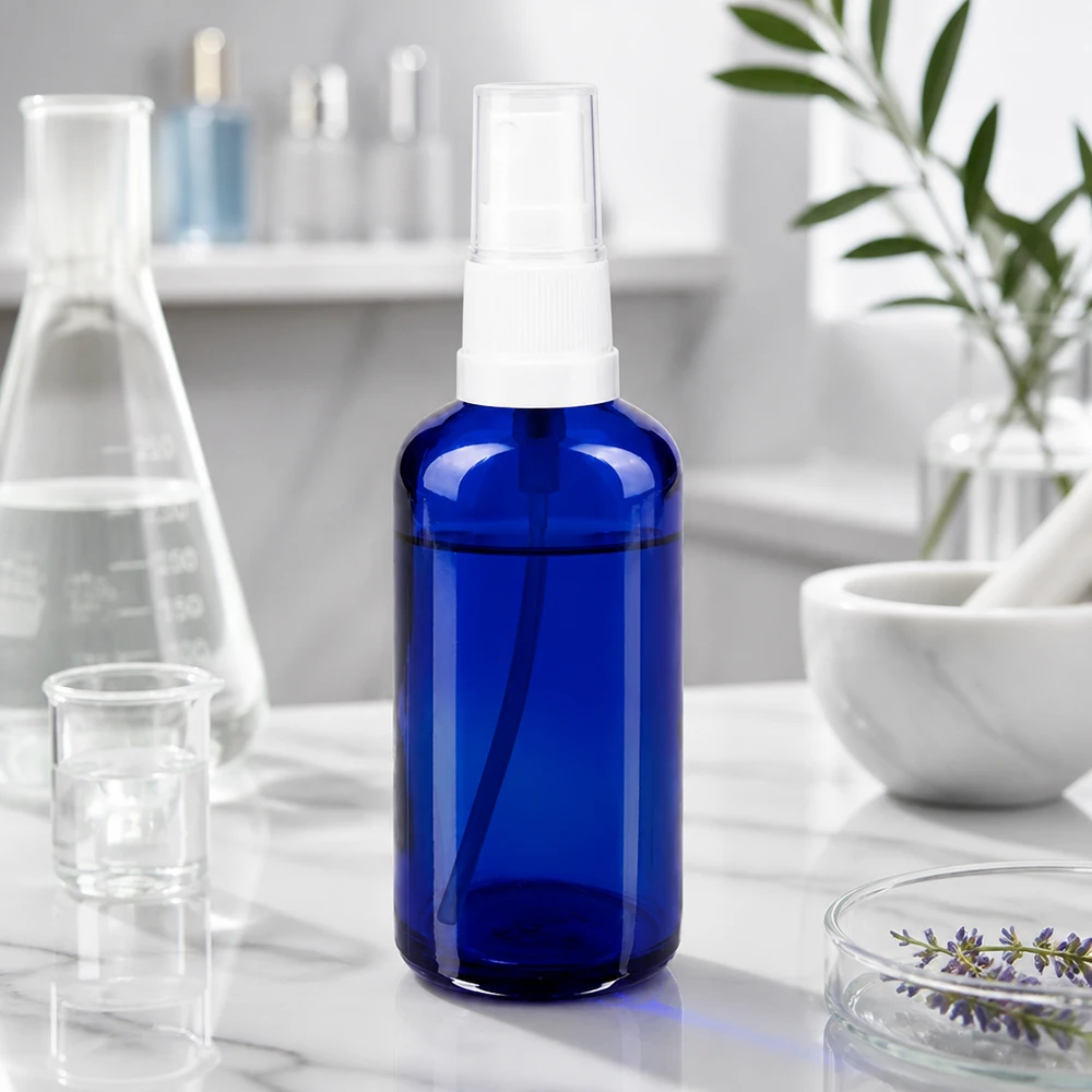 Flacon vaporisateur bleu de 50 ml à épaulement arrondi, en verre de pharmacie, avec tête de vaporisation blanche
