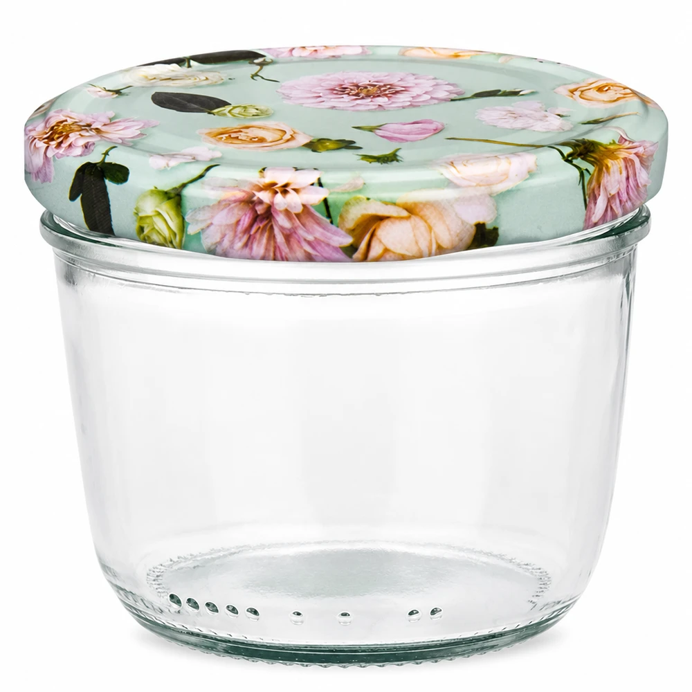 Verres de 230 ml + couvercle BasicSeal fleur menthe UNiTWIST Pot de 230ml avec couvercle BasicSeal design fleur menthe, pot vide pour confitures et conserves