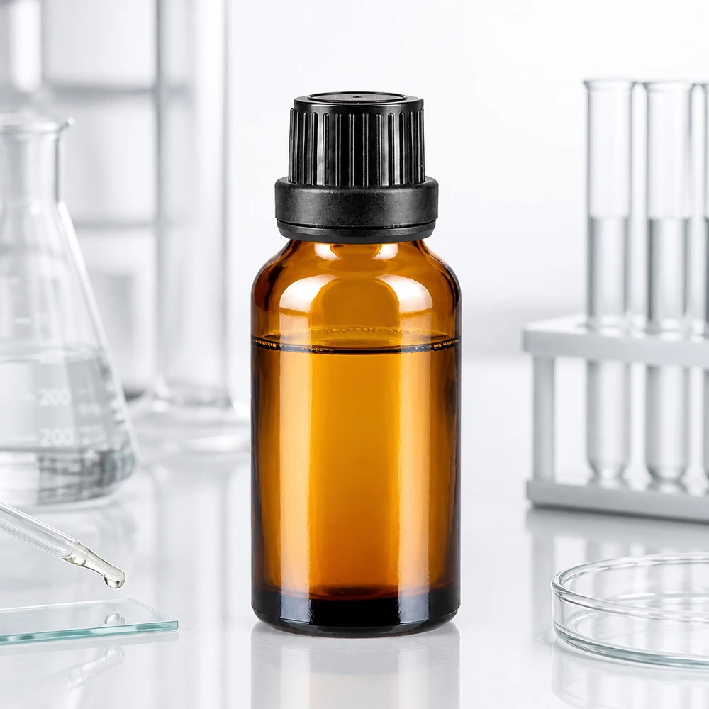 Petit flacon de laboratoire en verre d'apothicaire ambré, avec son bouchon noir d'origine, 20 ml