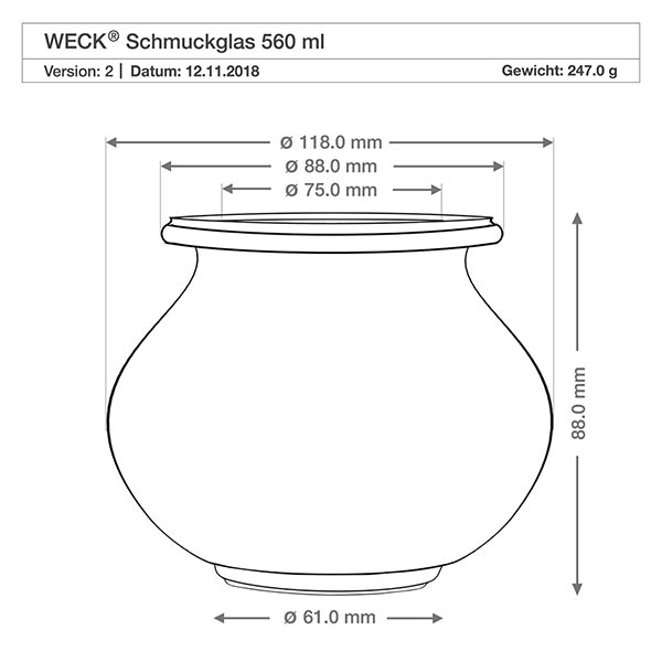 560ml bocal décoratif WECK RR80 avec boule en bois en hêtre WECK Verre à bijoux 560ml RR80 dessin technique dimensions diamètre hauteur 118mm 88mm spécification produit poids 247g