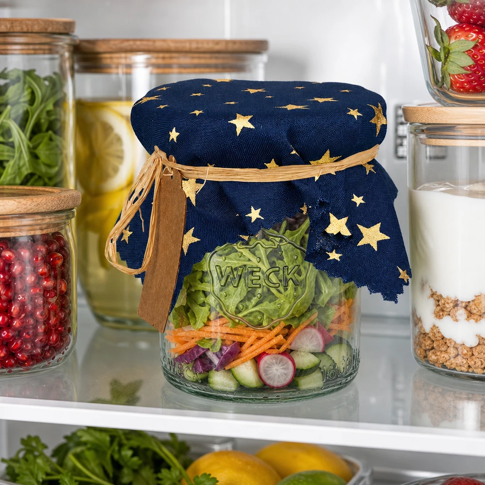 Couvercle bleu avec impression d'étoiles sur un verre à salade dans le réfrigérateur - petit couvercle en tissu pratique 15cm carré