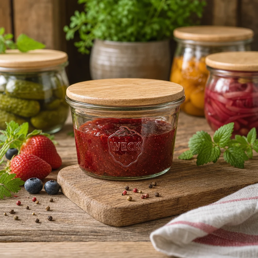 Mini bocal en verre renversé de 35 ml WECK RR40 avec couvercle en bois WECK Mini pot de conserve 35ml avec couvercle en bois rempli de confiture sur une planche en bois rustique à côté de baies fraîches