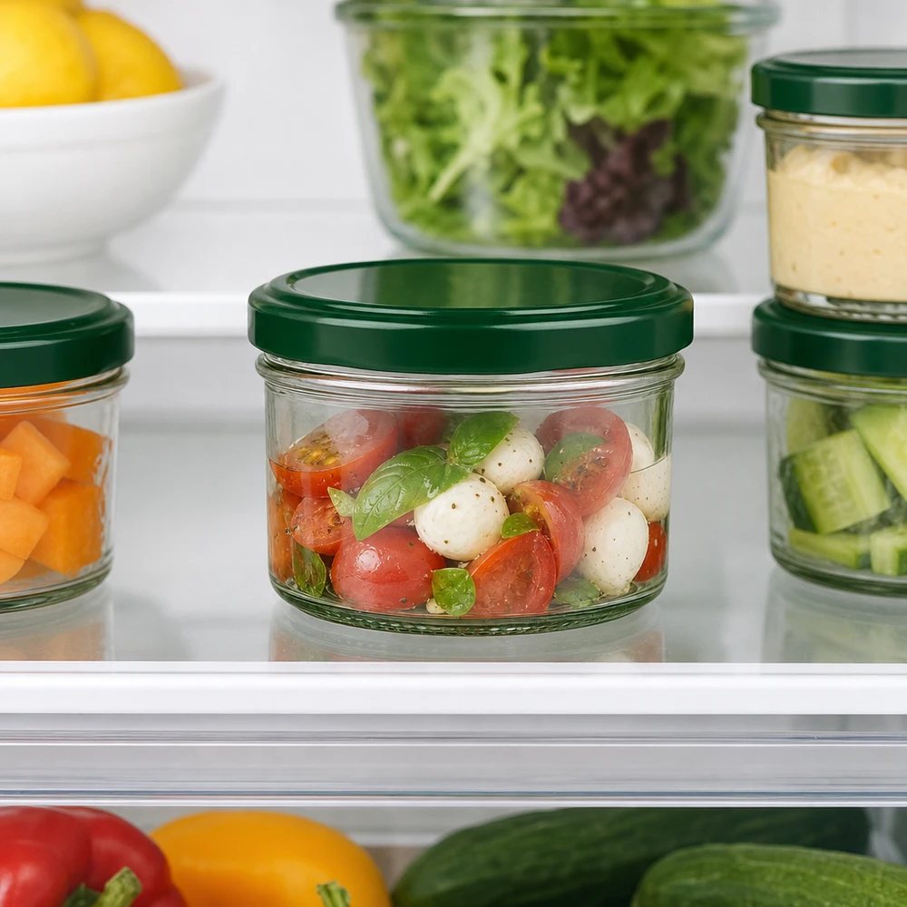 230ml Verre cylindrique avec couvercle BasicSeal vert UNiTWIST 230ml Zylinderglas mit grünem Deckel im Kühlschrank - optimale Frischhaltung für Salate und Meal Prep