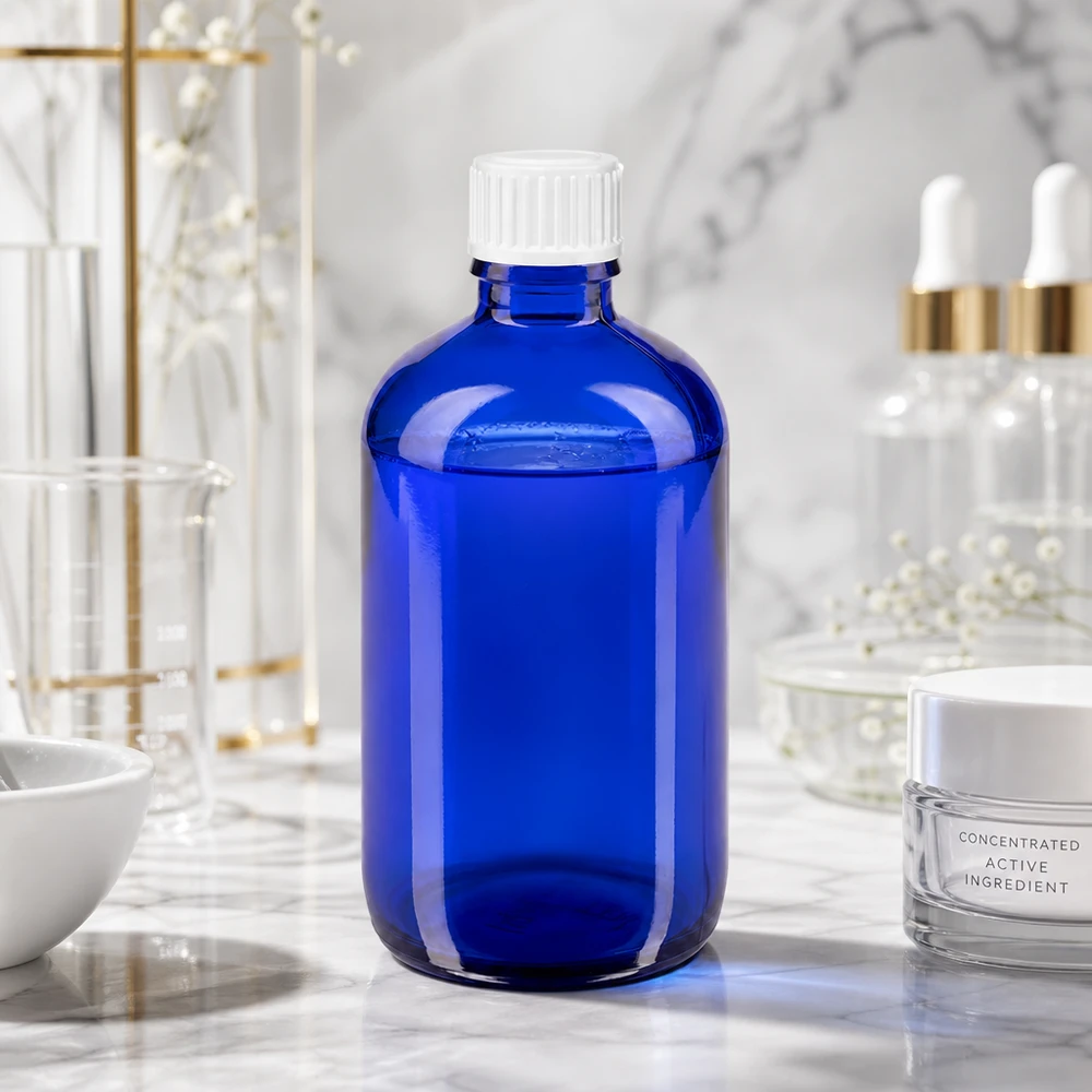 Flacon de pharmacie bleu 100ml bouchon vissable blanc standart Flacon de pharmacie bleu cobalt de 100 ml, à côté de produits cosmétiques et de matériel de laboratoire