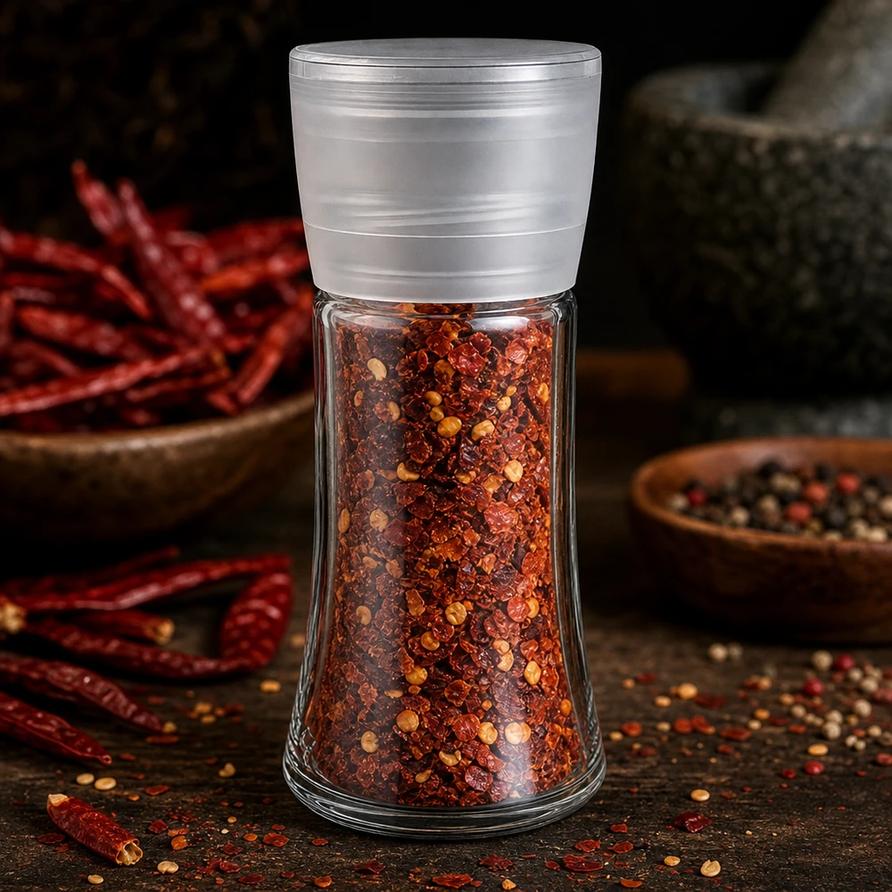 Pot à sel/épices 95 ml avec moulin Vario blanc Pot à épices Vario de 95 ml avec moulin blanc, rempli de flocons de piment, devant un mortier et des piments