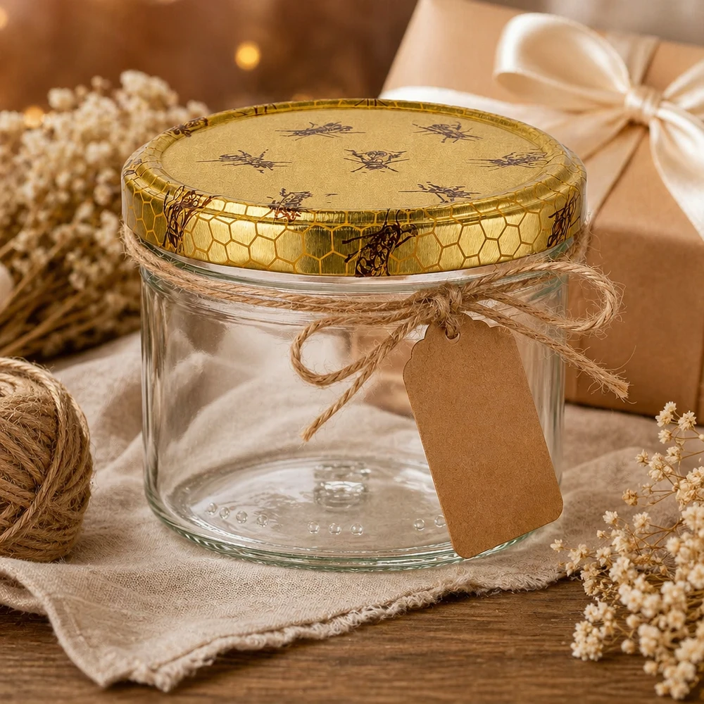 Pot de miel de 300g avec couvercle décoratif à motif d'abeilles, emballage cadeau et présentation rustique sur bois