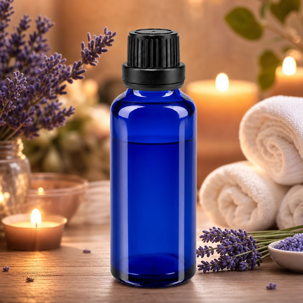 Flacon compte-gouttes bleu cobalt de 30 ml, ApoGlas avec bouchon noir, pour l'aromathérapie et les cosmétiques naturels