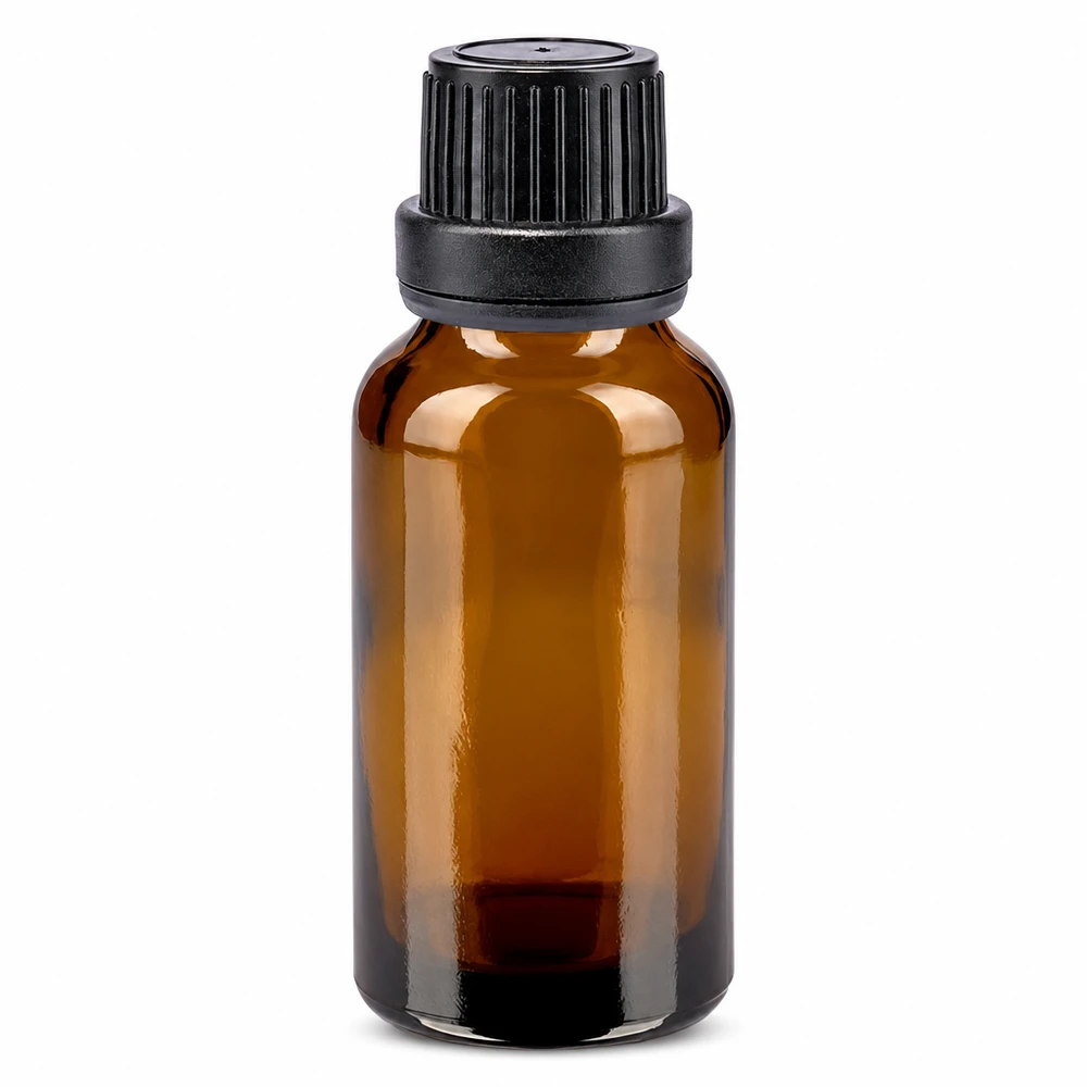 Flacon en verre brun de 20ml fermé par un bouchon vissable noir. Petite bouteille en verre brun de 20 ml avec bouchon à vis noir, destinée aux pharmacies et aux laboratoires