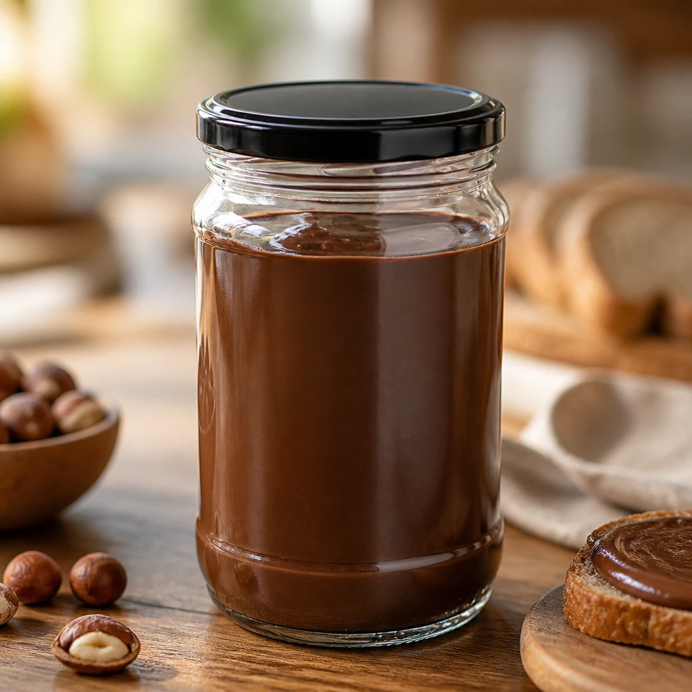 Bocal rond en verre de 370 ml + BasicSeal noir UNiTWIST Bocal en verre rond UNiTWIST de 370 ml avec couvercle à vis noir BasicSeal, contenant une pâte à tartiner au chocolat et aux noisettes