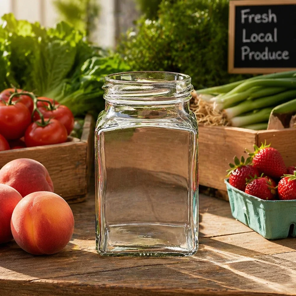 260ml Tetraglas sans couvercle (TO58) UNiTWIST UNiTWIST Tetra260 Pot 4 coins 260ml TO58 Pot de conservation entre fruits et légumes frais sur table en bois