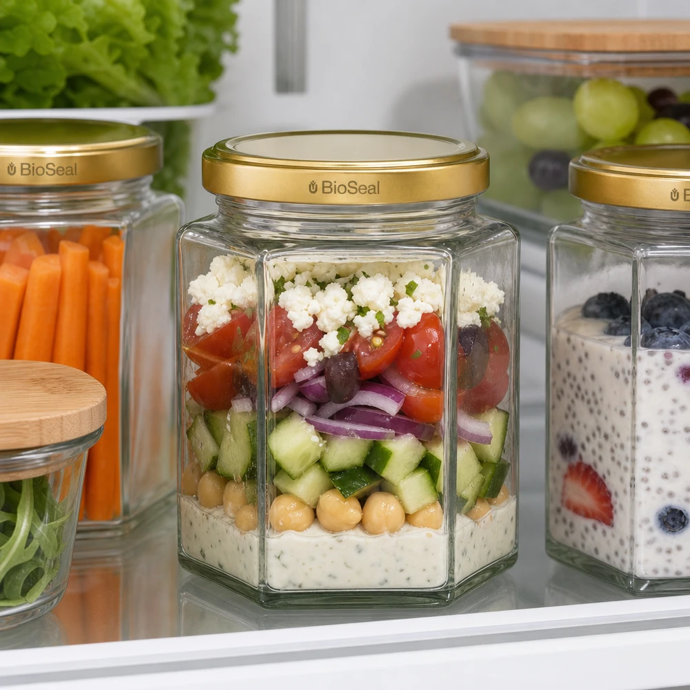 390ml Verre hexagonal avec couvercle BioSeal or UNiTWIST UNiTWIST Hexa390 Pot Meal Prep avec couvercle BioSeal pour salade en couches dans le réfrigérateur pour la conservation des aliments