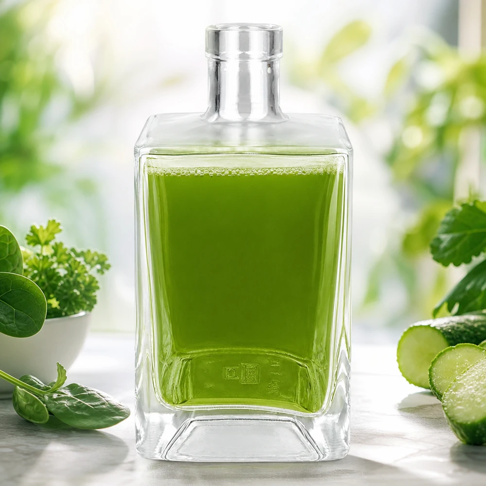 Flacon en verre « Ben » 700 ml sans bouchon UNiTWIST® Bouteille en verre Ben 700ml remplie de jus vert entouré d'herbes fraîches de concombre et d'épinards comme smoothie detox
