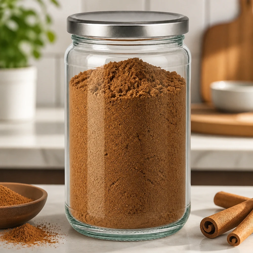 305ml Verre rond avec couvercle BasicSeal argent UNiTWIST Verre rond de 305ml rempli de cacao en poudre et couvercle BasicSeal argenté dans un environnement de cuisine avec des bâtons de cannelle