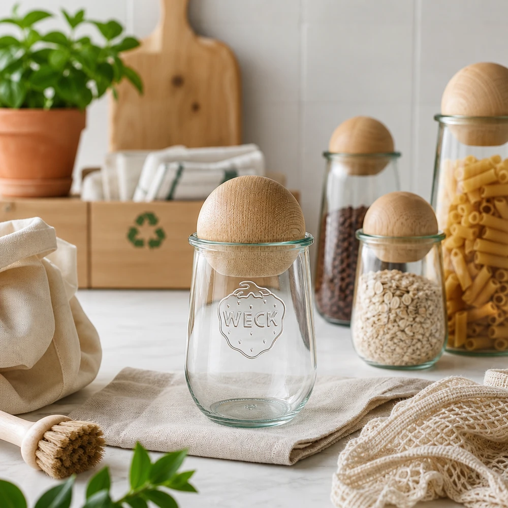 WECK Pot tulipe 1062ml RR100 avec boule en hêtre dans une cuisine durable zéro déchet avec symbole de recyclage et matériaux naturels