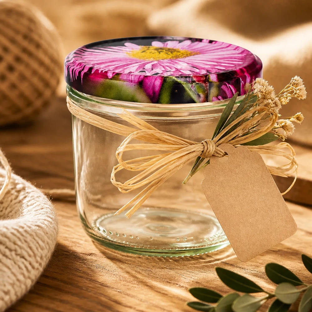 230ml Verre conique avec couvercle BasicSeal decor floral UNiTWIST Emballage cadeau verre renversé 230ml avec couvercle à fleur BasicSeal, noeud en raphia et pendentif sur fond en bois