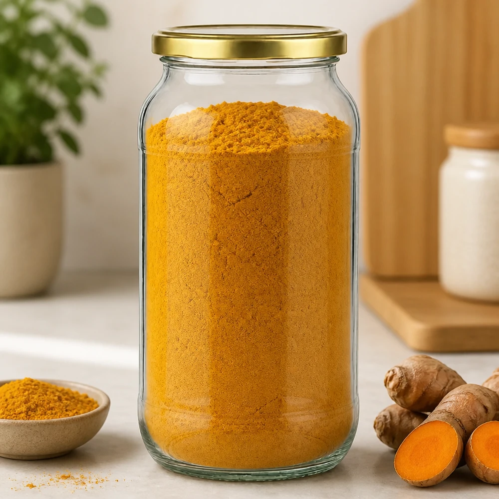 Bocal rond de 1062 ml avec couvercle doré BasicSeal rempli de poudre de curcuma à côté de racine de curcuma fraîche sur le comptoir de la cuisine