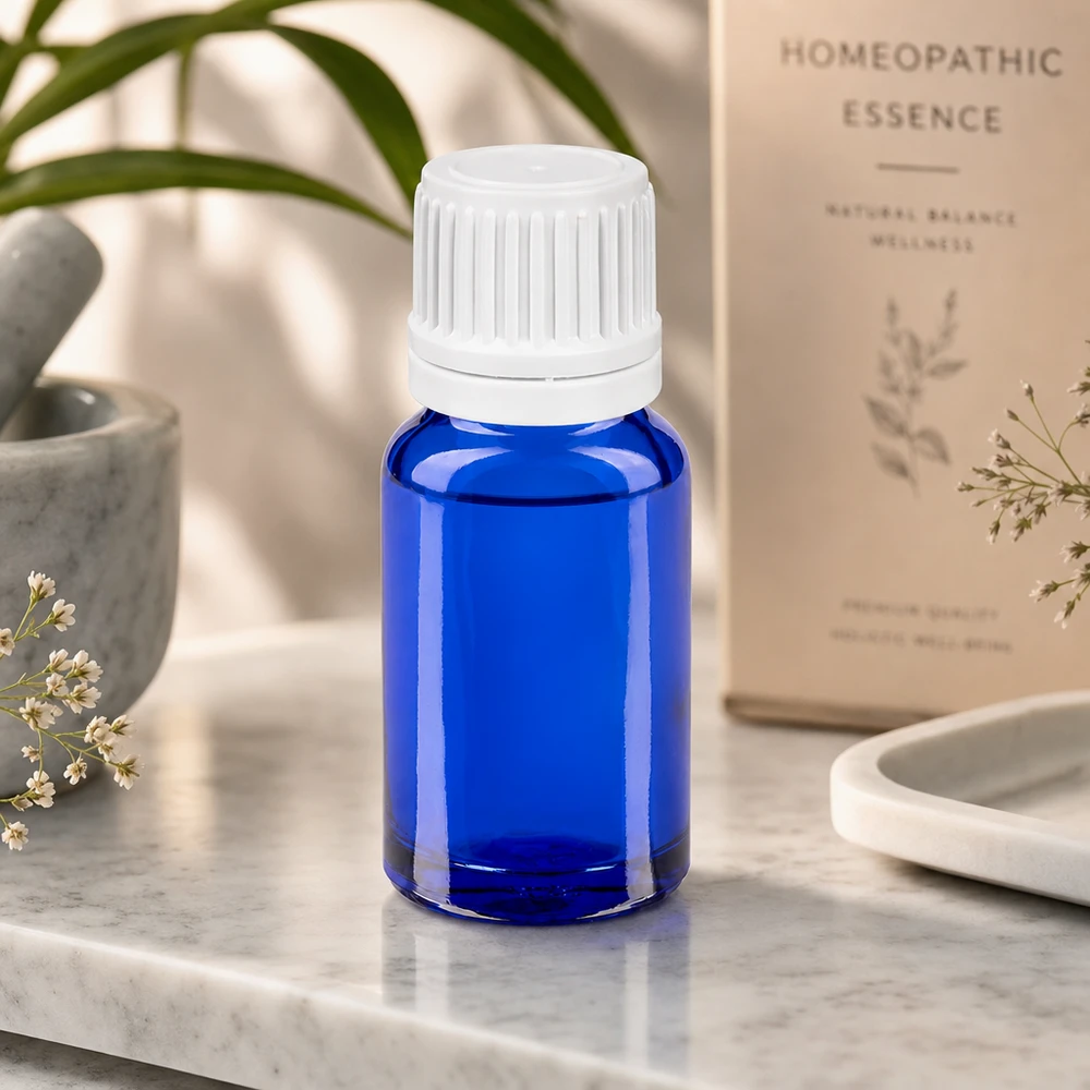 Flacon compte-goutte 10ml 0.7mm blanc OV BlueLine UT18/10 Bouteille en verre bleu de 10ml avec bouchon OV de sécurité enfant et compte-gouttes de 0.7mm UT18/10