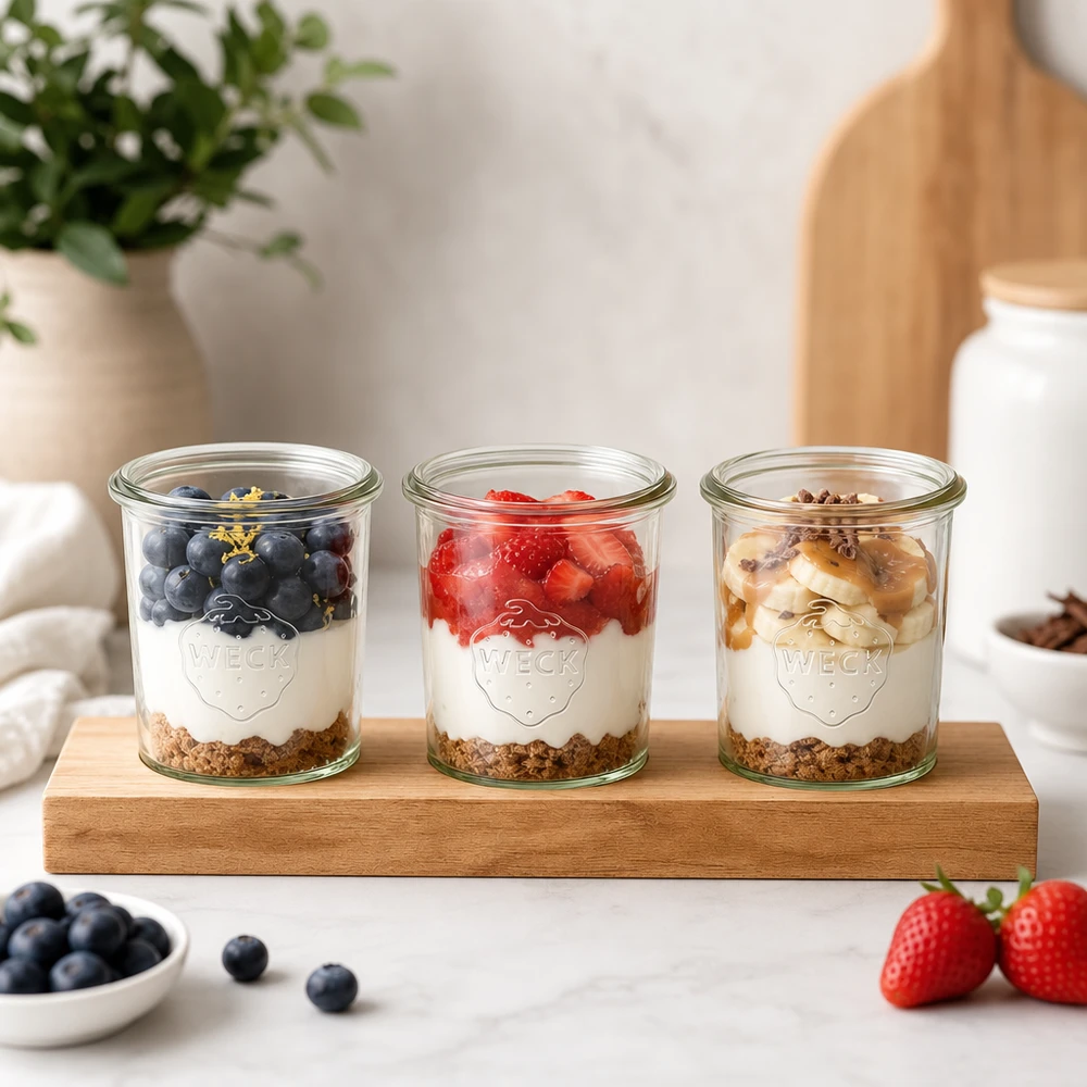 Planche de service Plano3 avec des pots Weck comme un parfait au yaourt avec des baies Granola et des noix dans une cuisine claire