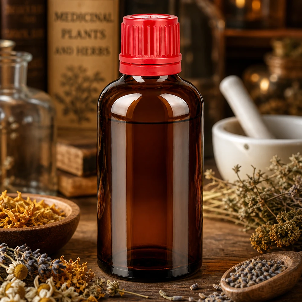 Flacon 50ml 11mm SV rouge OV BrownLine UT18/50 Flacon en verre de 50 ml protégé de la lumière avec bouchon d'inviolabilité rouge pour les extraits d'herbes