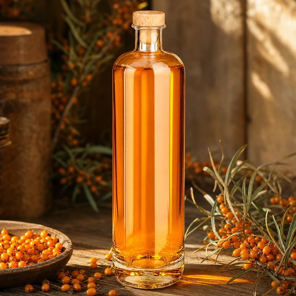 Bouteille en verre 700 ml « Ella » avec bouchon en bois UNiTWIST® Bouteille en verre Ella de 700 ml remplie de liqueur d'argousier avec bouchon en bois entre des baies d'argousier fraîches sur une table en bois