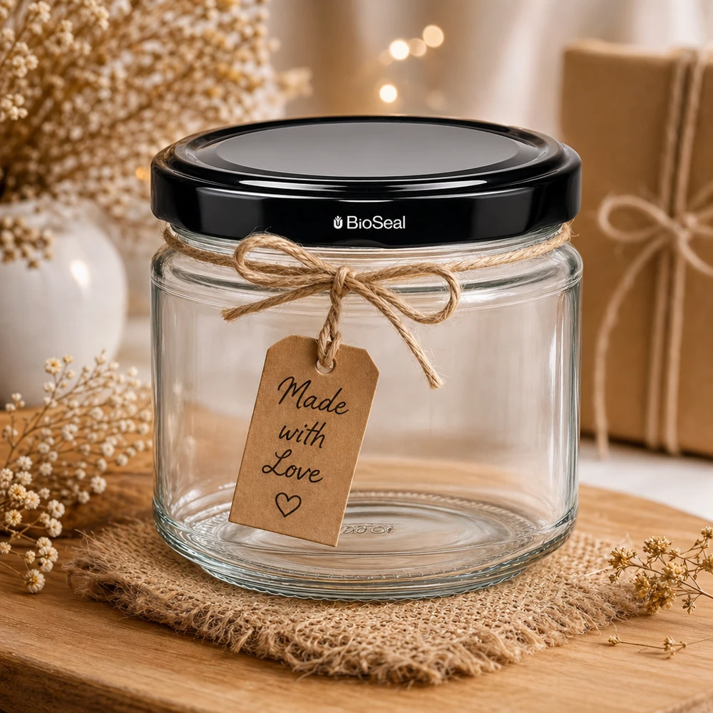 330ml Verre rond avec couvercle BioSeal noir UNiTWIST UniTWIST Runda330 Pot de conservation avec pendentif Made with Love comme emballage cadeau décoration rustique
