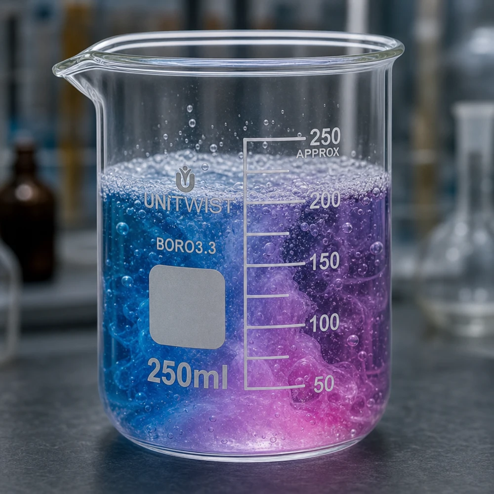 Bécher 250ml borosilicate, forme basse UNiTWIST Verre à bécher de forme basse, 250 ml, UNiTWIST, borosilicate 3.3, contenant un produit chimique générateur de bulles, utilisé en laboratoire