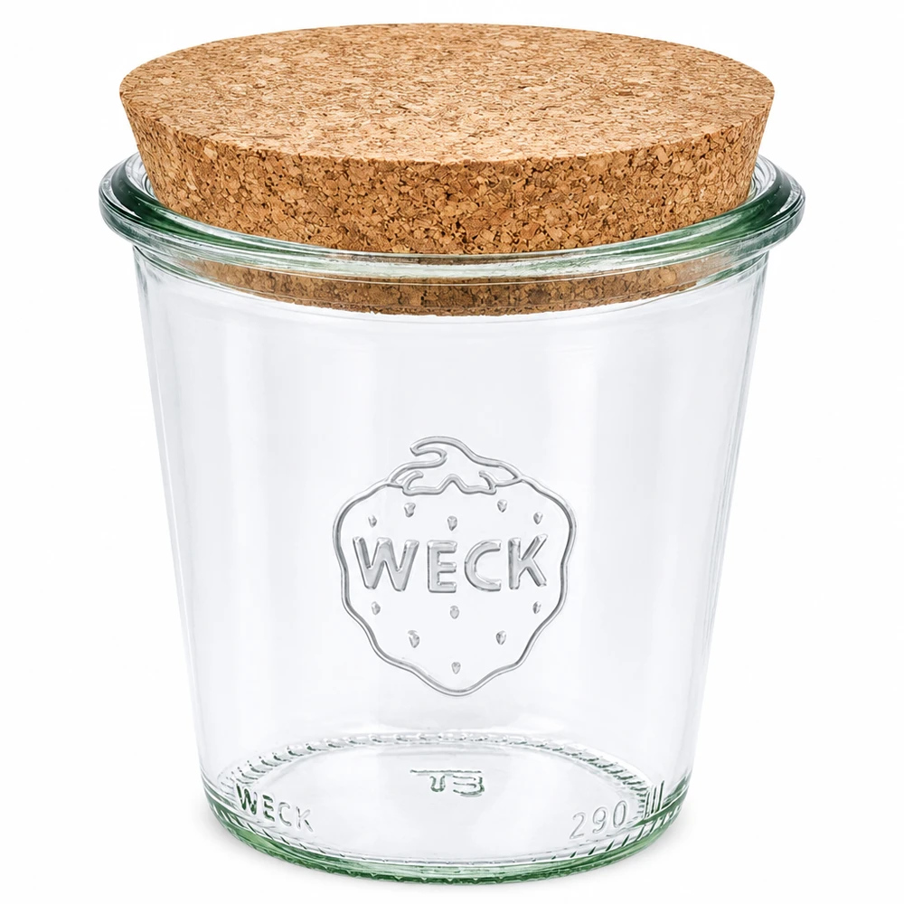 WECK Pot renversé 290ml RR80 avec bouchon en liège naturel Couvercle Pot de conservation transparent pour le stockage et la conservation