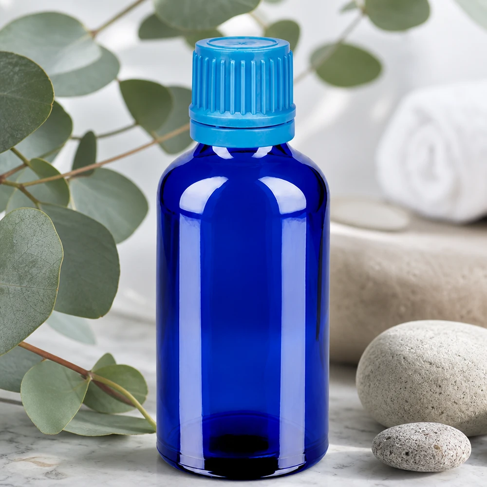 Flacon 50ml 11mm SV bleu OV BlueLine UT18/50 Flacon de pharmacie de 50 ml en verre teinté avec bouchon d'inviolabilité bleu contre les UV