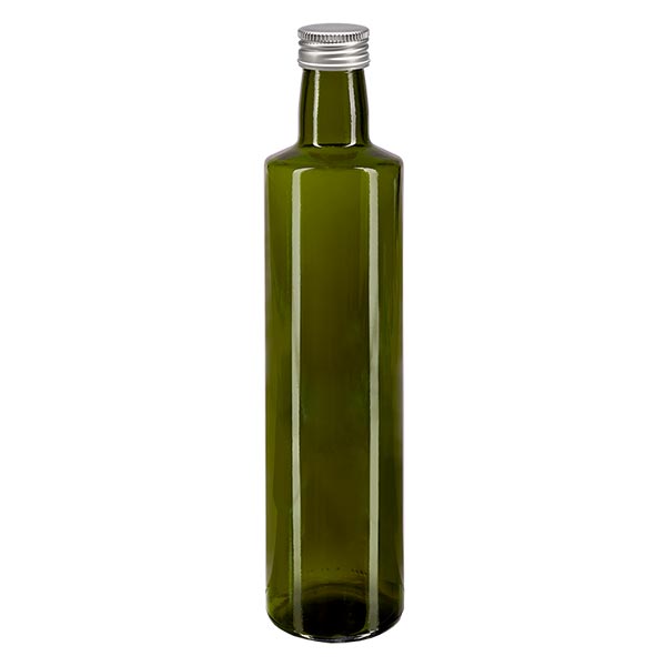 Bouteille d'huile 500 ml ronde, vert olive, avec capsule à vis argentée en aluminium (PP 31,5 mm) Bouteille d'huile 500 ml ronde, vert olive, avec capsule à vis argentée en aluminium (PP 31,5 mm)