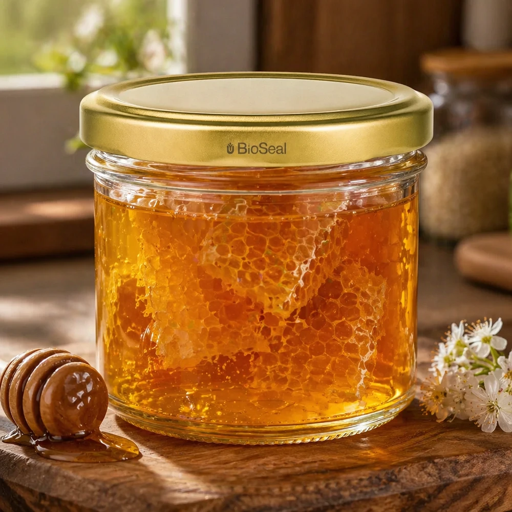 125ml Verre conique avec couvercle BioSeal or UNiTWIST UNiTWIST Pot de miel 125ml rempli de nid d'abeille - couvercle TO66 doré sur fond bois avec décoration de fleurs et cuillère à miel
