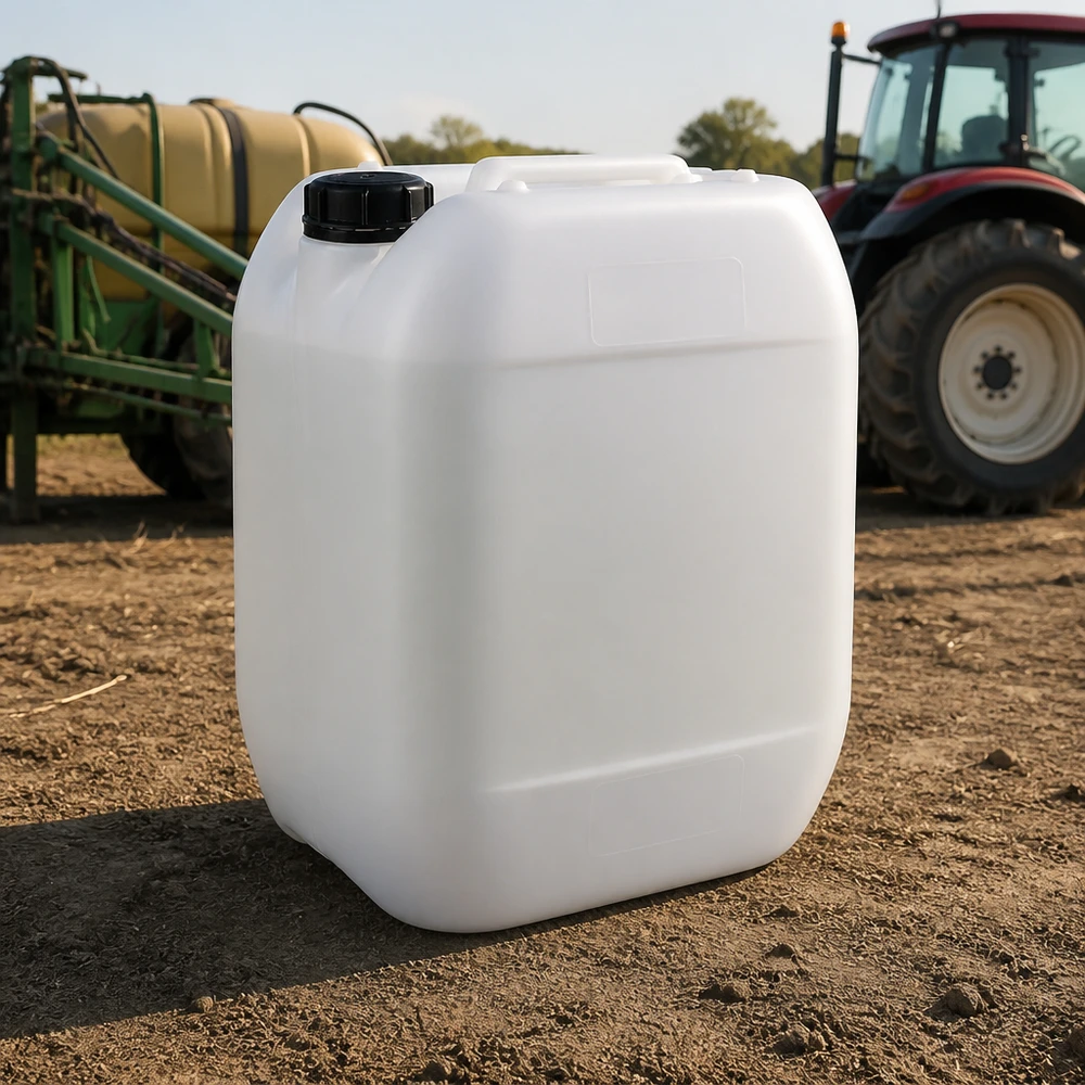Bidon en plastique vide de 10 litres muni d'un bouchon OV noir, posé sur un sol agricole