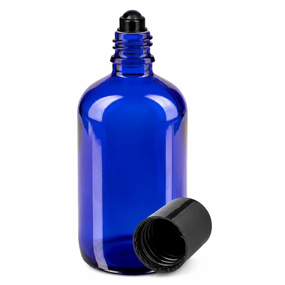 Flacon de déodorant en verre bleu 100 ml, déo à bille vide Flacon en verre bleu de 100 ml avec embout roll-on noir et bouchon à vis STD