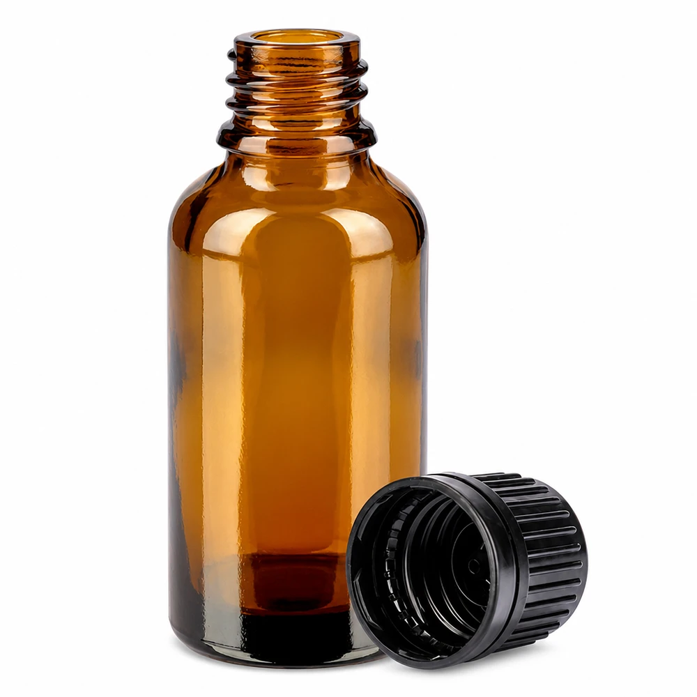 Flacon 30ml 11mm SV noir OV BrownLine UT18/30 Bouteille de verre de 30ml de protection contre les UV en brun avec bouchon noir pour les substances sensibles à la lumière