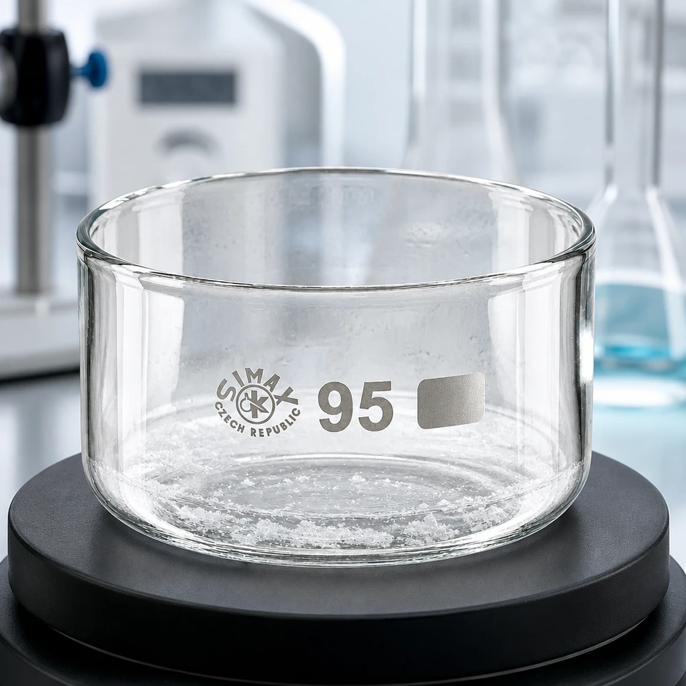 Bol en verre plat de 300 ml, de type laboratoire, contenant une poudre cristalline blanche, fond cylindrique, sans bec verseur
