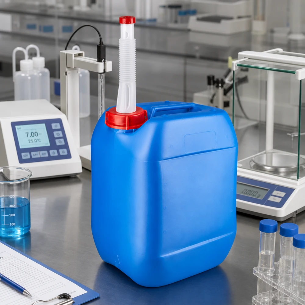 Bidon en plastique de 10 L, bleu, adapté au contact alimentaire, muni d'un bec verseur flexible, à côté d'une balance d'analyse