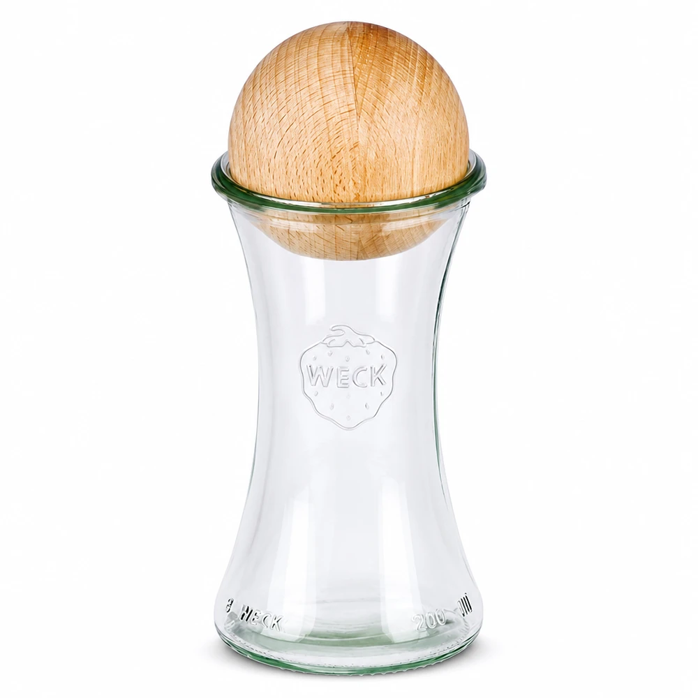 200ml bocal à gourmandises WECK RR60 avec boule en bois en hêtre WECK Pot à délicatesse 200ml RR60 avec couvercle en forme de boule en bois de hêtre en verre transparent pour la conservation et la cuisine
