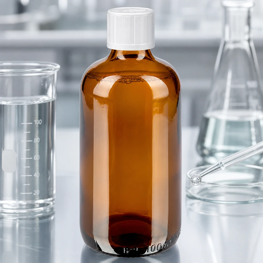 Flacon de pharmacie en verre ambré de 100 ml, protection UV, bouchon de sécurité blanc pour enfants de 11 mm, environnement de laboratoire