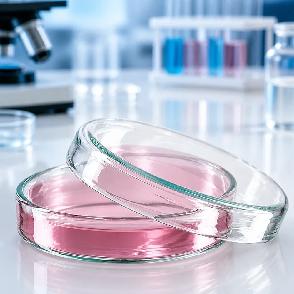 Boîte de Pétri en verre 60x15 mm Boîtes de Pétri rondes en verre borosilicaté de 60 x 15 mm contenant une solution nutritive de couleur rose dans un laboratoire de recherche