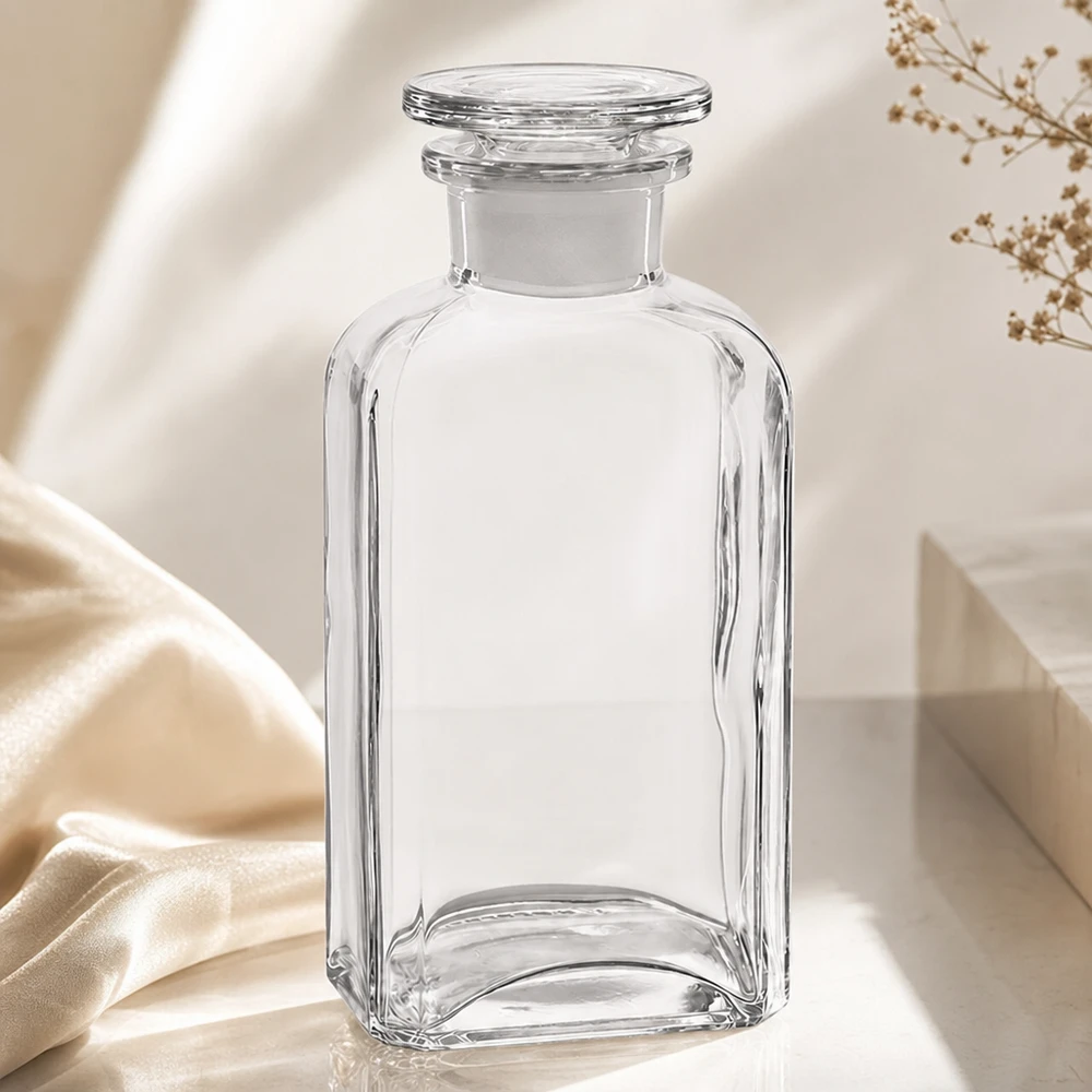 Bouteille carrée 250ml claire Bouchon en verre à col large Bouteille de conservation rectangulaire de 250 ml en verre transparent, avec bouchon en verre antidérapant et goulot large