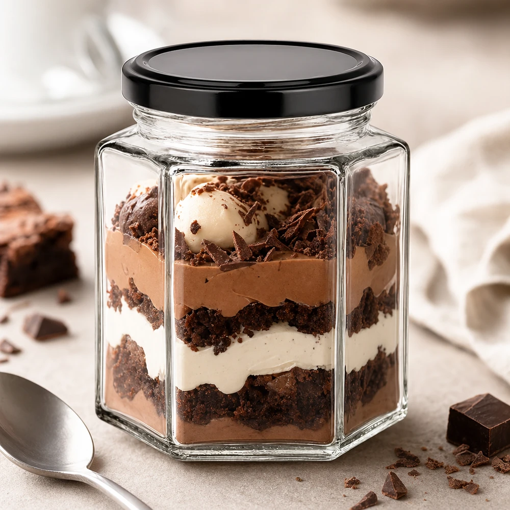 196ml Verre hexagonal avec couvercle BasicSeal noir UNiTWIST Verre hexagonal de 196ml avec couvercle noir comme verre à dessert pour dessert en couches avec du chocolat et de la crème sur la table de cuisine