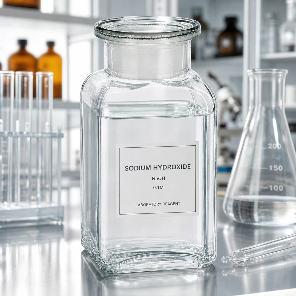 Flacon carré col large 100 ml + bouchon RIN, verre clair Flacon carré de 100 ml, en verre transparent, à col large, avec bouchon, à côté de fioles Erlenmeyer et de tubes à essai