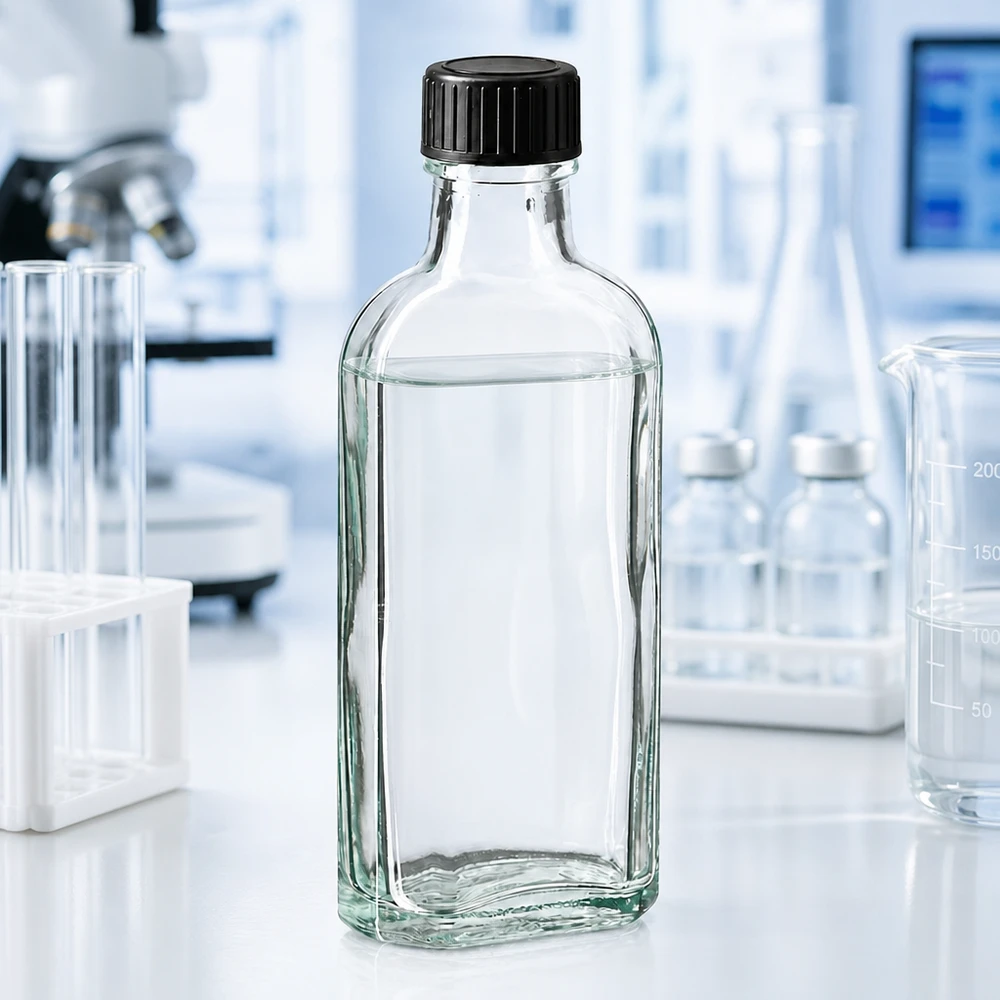 Flasque transparente de 100 ml au goulot DIN 22, avec bouchon à vis DIN 22 noir et joint PEE Flacon rectangulaire Meplat de 100 ml, transparent, avec joint d'étanchéité en EPE pour un stockage en toute sécurité