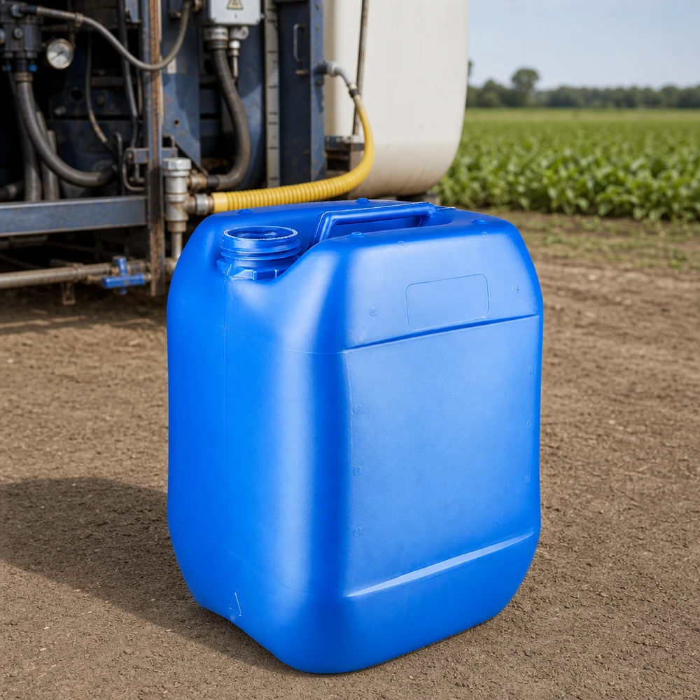 Bidon en plastique bleu vide de 10 litres, sans couvercle, destiné aux produits phytosanitaires utilisés en agriculture