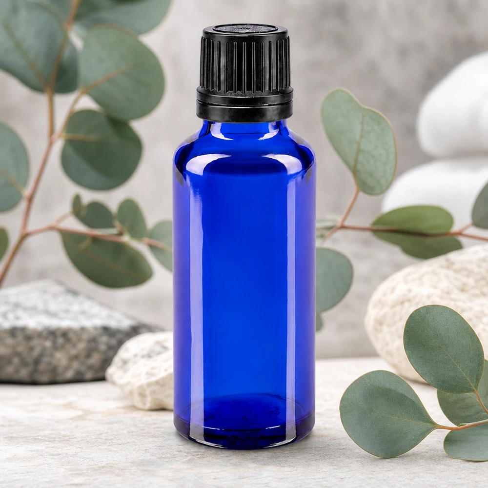 Bouteille de pharmacie bleue 30ml bouchon vissable noir bouchon d'inviolabilité Flacon compte-gouttes bleu de 30 ml en verre de pharmacie de haute qualité, muni d'un bouchon refermable