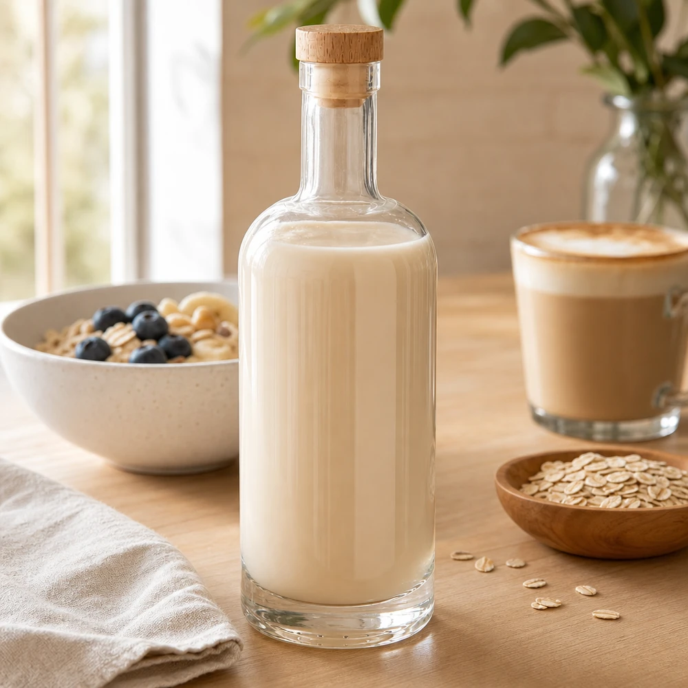 Bouteille en verre Emma de 750 ml avec bouchon en bois remplie de lait d'avoine à côté d'un bol à céréales et d'une tasse à café sur une table en bois