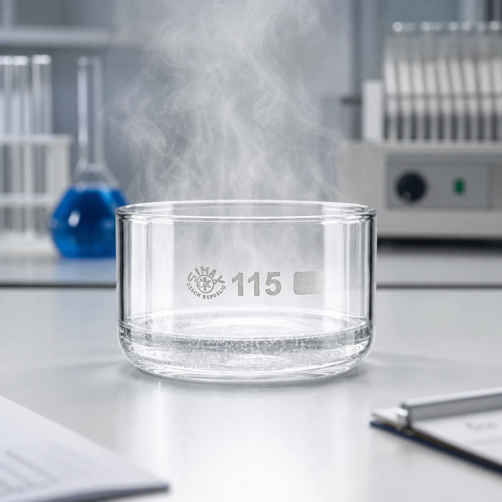 Cuvette cylindrique en verre borosilicaté de 115 mm de diamètre contenant un liquide en ébullition dans un laboratoire