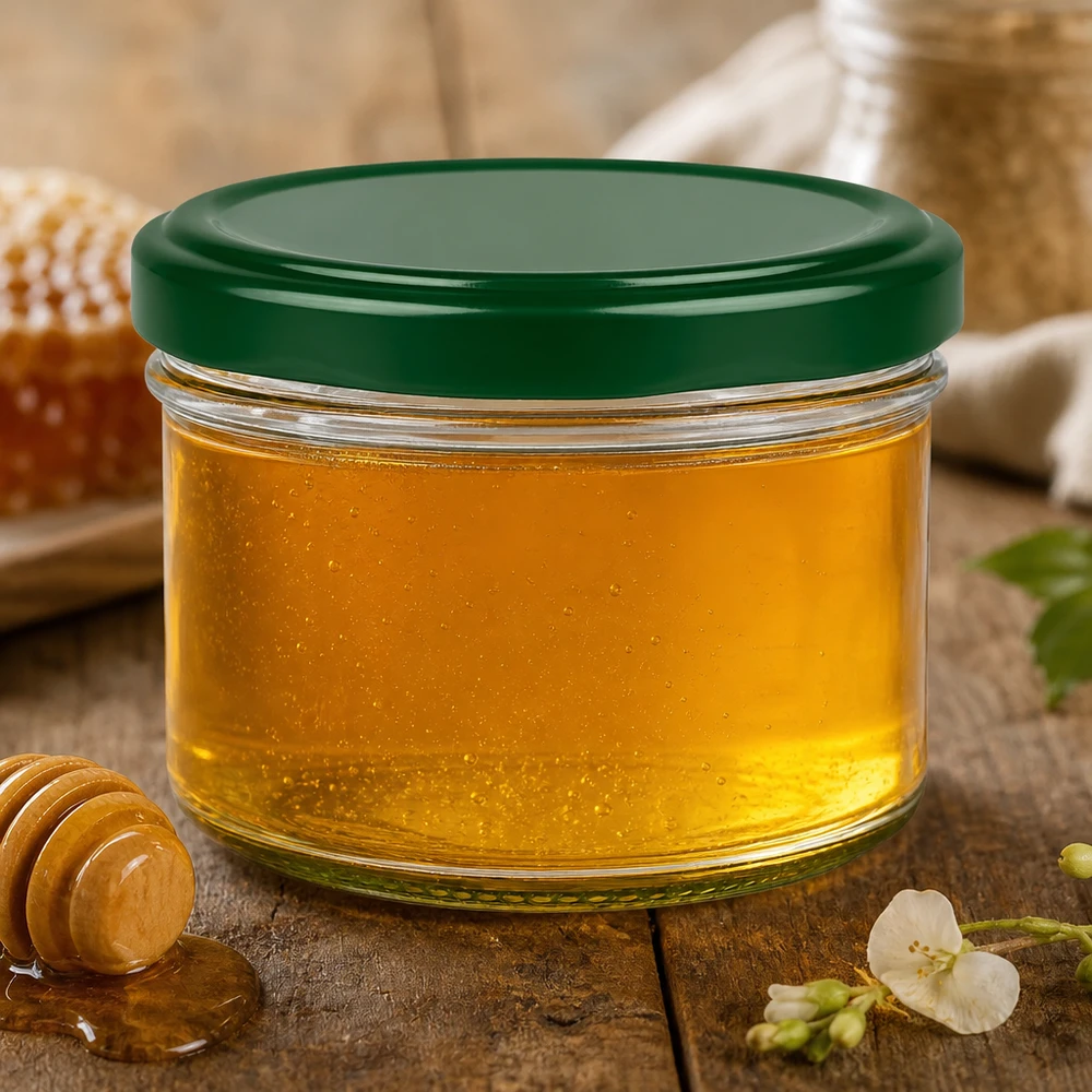 230ml Verre cylindrique avec couvercle BasicSeal vert UNiTWIST Pot cylindrique de 230ml avec couvercle vert rempli de miel doré sur bois rustique avec fleurs
