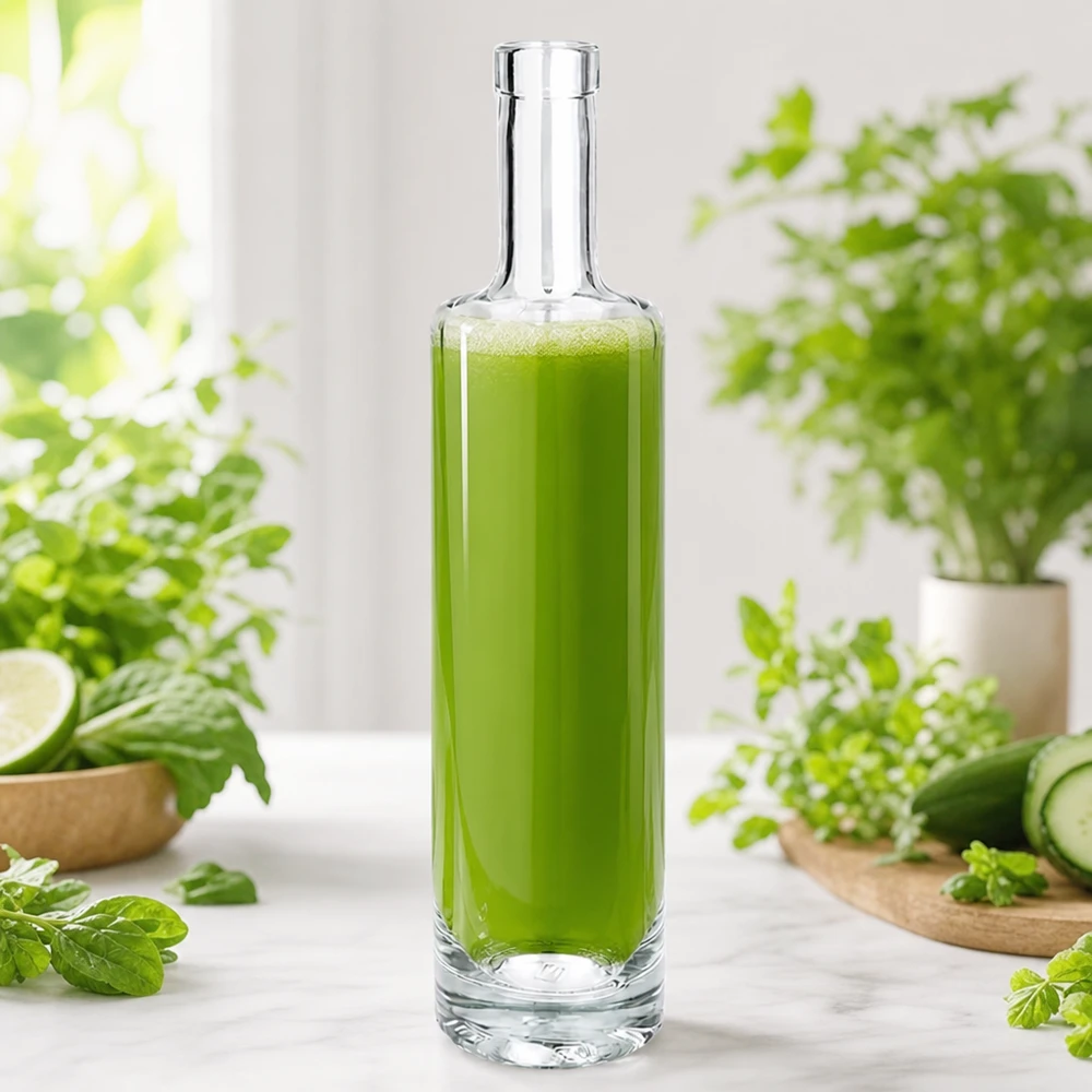 Flacon en verre 500 ml « Lina » sans bouchon UNiTWIST® Bouteille en verre Lina de 500 ml remplie de smoothie vert entre des herbes fraîches et des légumes dans une scène de cuisine naturelle